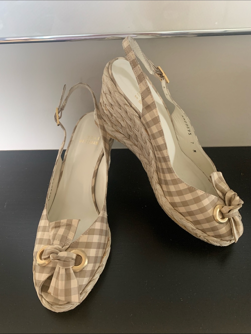 Beige Gingham Peep-Toe Wedge Slingbacks